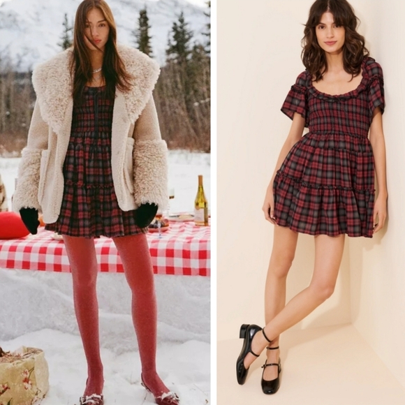 Kimchi Blue Juniper Plaid Ribbon Trim Mini Dress - Picture 1 of 7